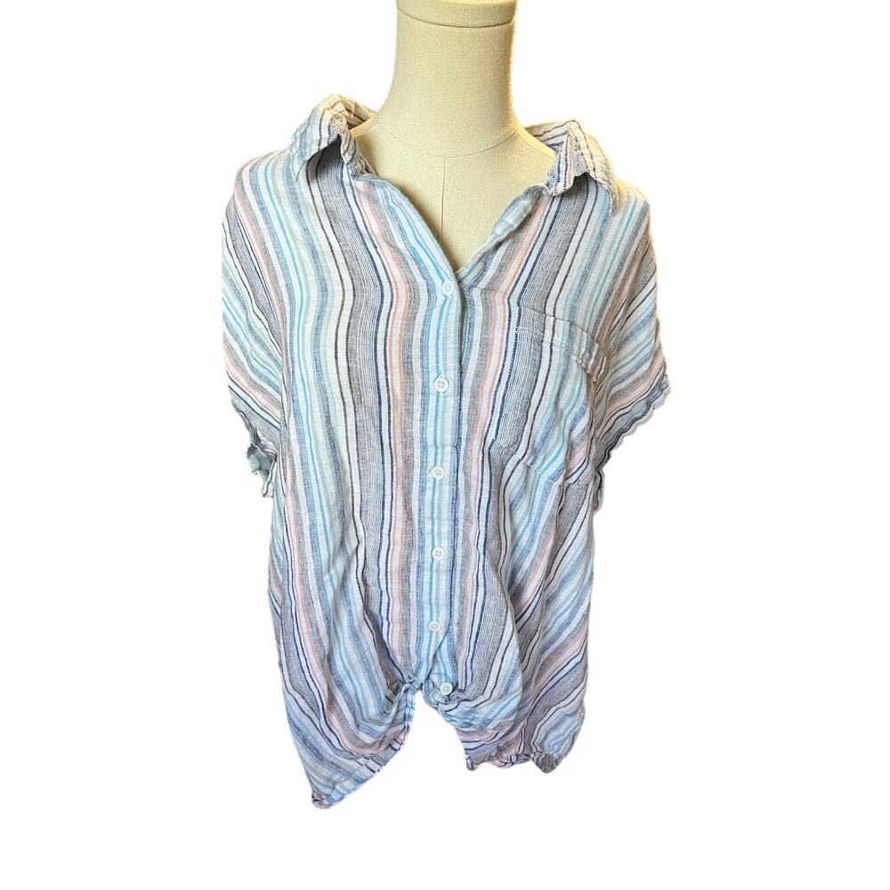 BeachLunchLounge Collection Linen Blend Button Down Tie Front Top 1X